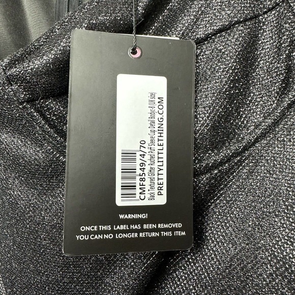 PrettyLittleThing Black Glitter Ruched Puff Sleeve Cup Detail Bodycon Dress 4 - Picture 5 of 6